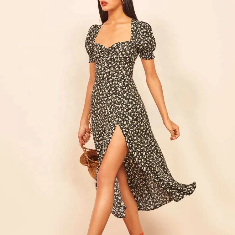 Elegant Casual High Slit Short Puff Sleeve Floral Printed Vintage Dresses Women, Black
Elegant Casual High Slit Short Puff Sleeve Floral Printed Vintage Dresses Women, Black