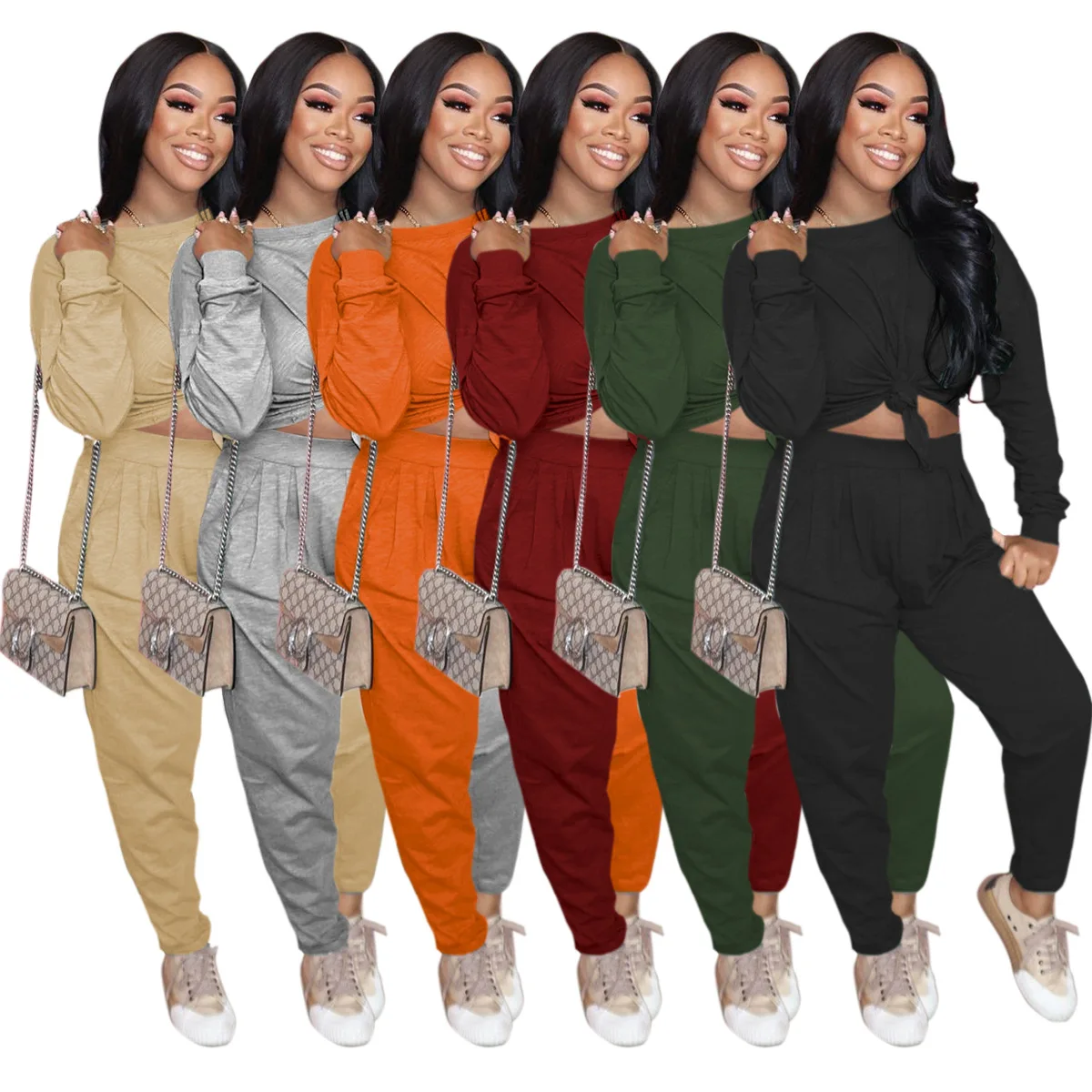 Wholesale Solid Color Tracksuit Loose Long Sleeve t-Shirt Outfits Pleated Waist Casual Pants Sexy Two Piece Sets, Shown
Wholesale Solid Color Tracksuit Loose Long Sleeve t-Shirt Outfits Pleated Waist Casual Pants Sexy Two Piece Sets, Shown