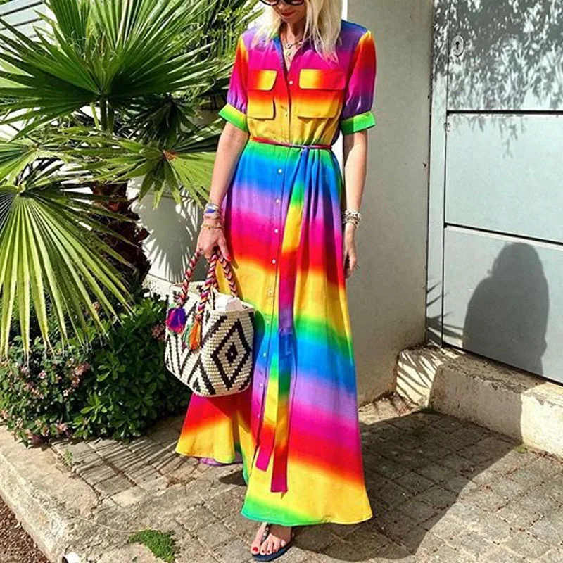 Summer New Style Ladies Mid-length Rainbow Color Striped Print Ladies Dresses Casual V-neck Sexy Short-sleeved Long Skirt Shirt, Picture color
Summer New Style Ladies Mid-length Rainbow Color Striped Print Ladies Dresses Casual V-neck Sexy Short-sleeved Long Skirt Shirt, Picture color