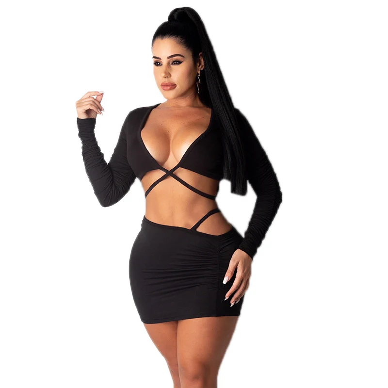 Hot sale women's 2021 autumn and winter new style V-neck cropped long-sleeved tops fashion slim skirts, Blue/black
Hot sale women's 2021 autumn and winter new style V-neck cropped long-sleeved tops fashion slim skirts, Blue/black