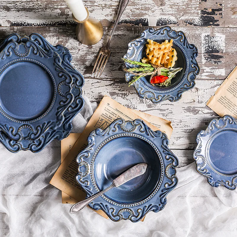 Wholesale Baroque Style Ceramic Dinnerware set Western Dinner Plates and Bowl set, Blue white
Wholesale Baroque Style Ceramic Dinnerware set Western Dinner Plates and Bowl set, Blue white