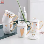 2019 Luxury gold heart shape and star decal print design porcelain coffee mug with lid