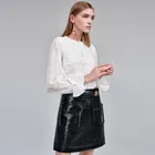 Washable silk shirts solid color trumpet sleeve crew neck blouses for women
