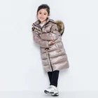 Fashion kids girl silver long thick down-filled coat shiny down jacket with fur hood