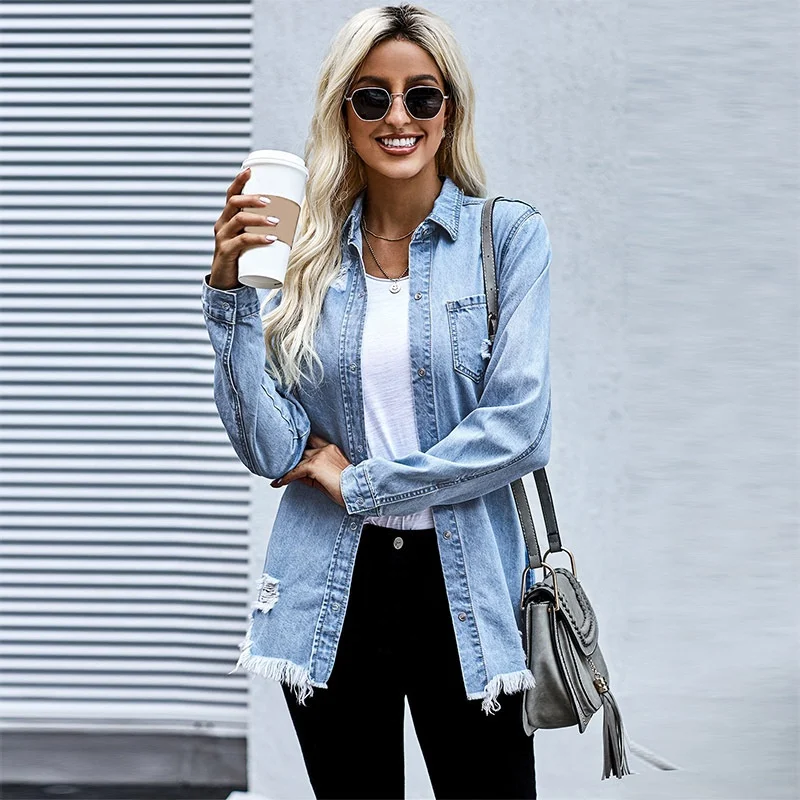 2021 Drop shipping Womens Jean Jacket Casual Blue Jean Denim Jackets For Ladies Button Ripped Women Long Jean Jacket Coat, Picture
2021 Drop shipping Womens Jean Jacket Casual Blue Jean Denim Jackets For Ladies Button Ripped Women Long Jean Jacket Coat, Picture