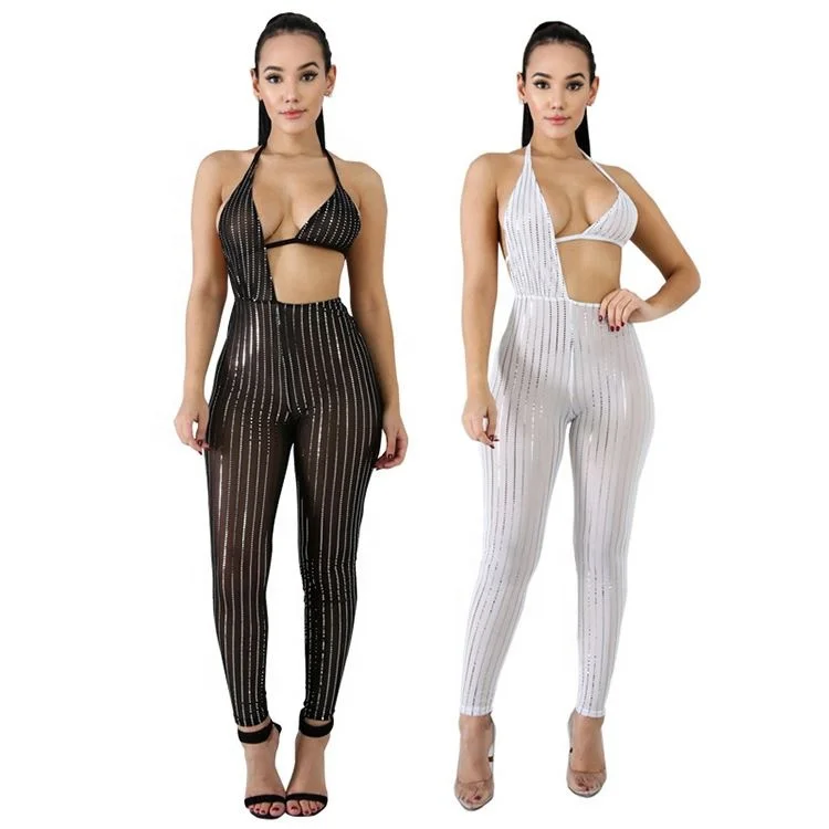 Popular Women's Sexy Wrapped Chest Mesh Punch Jumpsuit See-through Sequin Jumpsuit, Black/white
Popular Women's Sexy Wrapped Chest Mesh Punch Jumpsuit See-through Sequin Jumpsuit, Black/white
