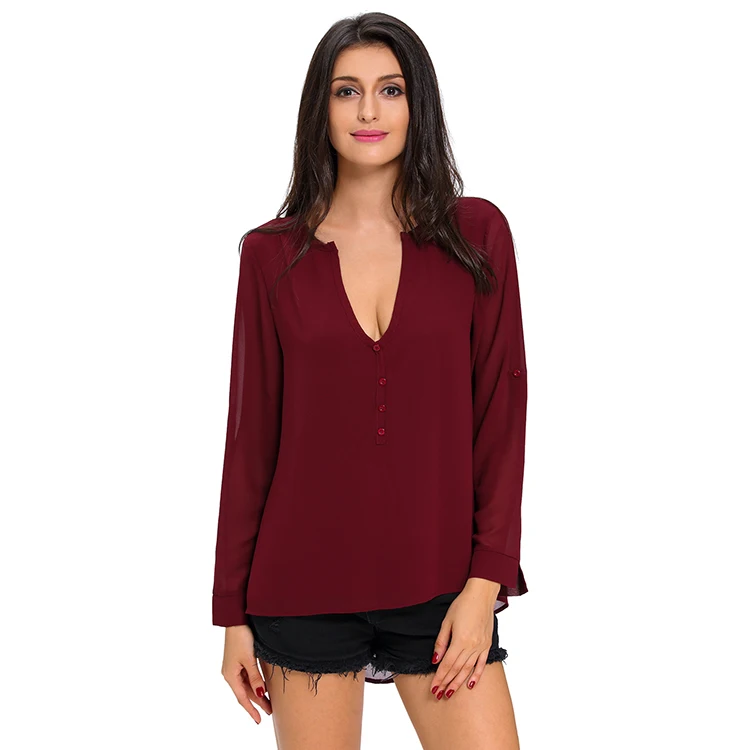 

Two piece set women Clothing Burgundy V Neck Button Detail Dip Back Blouse Top women tops blouses and top shirts, As shown