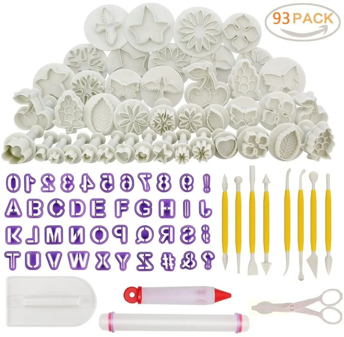 93pcs Cake Decorating Tool Set,Sugarcraft Cookie Mould Icing Plunger Modelling Cutter Tool,Alphabet Letters Rolling Pin,Scissors, White
93pcs Cake Decorating Tool Set,Sugarcraft Cookie Mould Icing Plunger Modelling Cutter Tool,Alphabet Letters Rolling Pin,Scissors, White