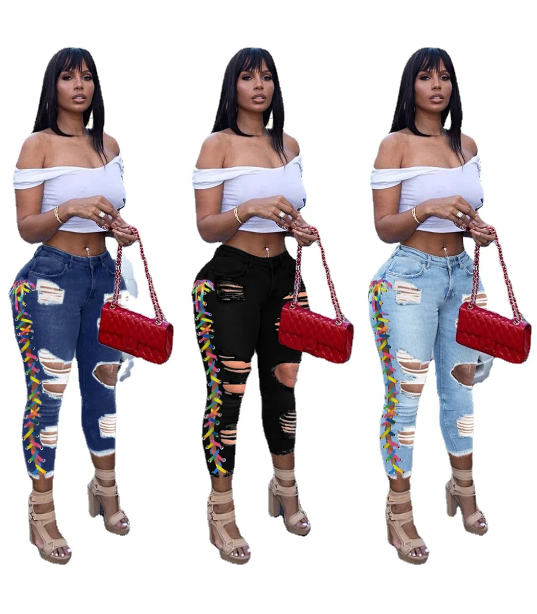 New Style Plus Size Fashion sexy colorful strap skinny ripped jeans womens2022, Blue
New Style Plus Size Fashion sexy colorful strap skinny ripped jeans womens2022, Blue