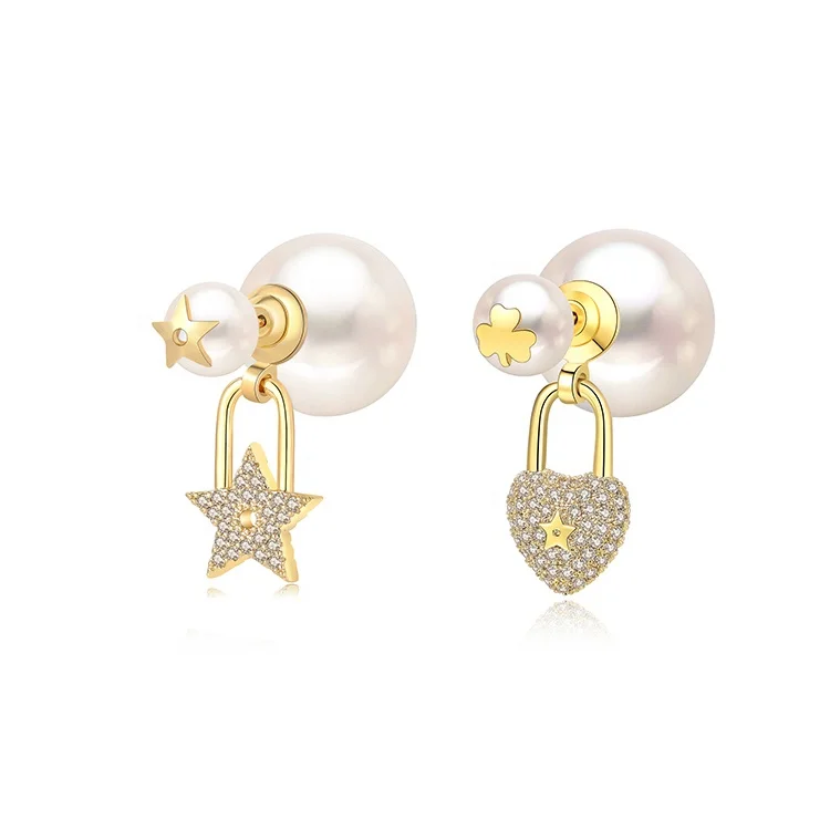 Personalized Brass Plated Real Gold Pentagram Star Heart With Diamond Size Pearls Earrings, Picture shows
Personalized Brass Plated Real Gold Pentagram Star Heart With Diamond Size Pearls Earrings, Picture shows