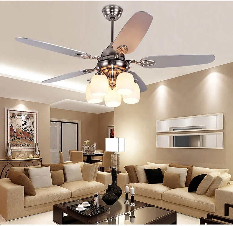220V AC China Asian 52 inch energy saving silver wood blades traditional chandelier E27 lamp holder ceiling fan with light