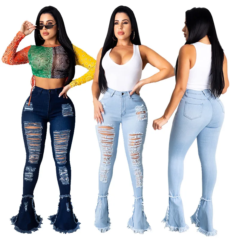 

2021 new spring hole beautiful women's ripped fringed pencil denim trousers cut out jeans bell bottom jeans pants, Blue