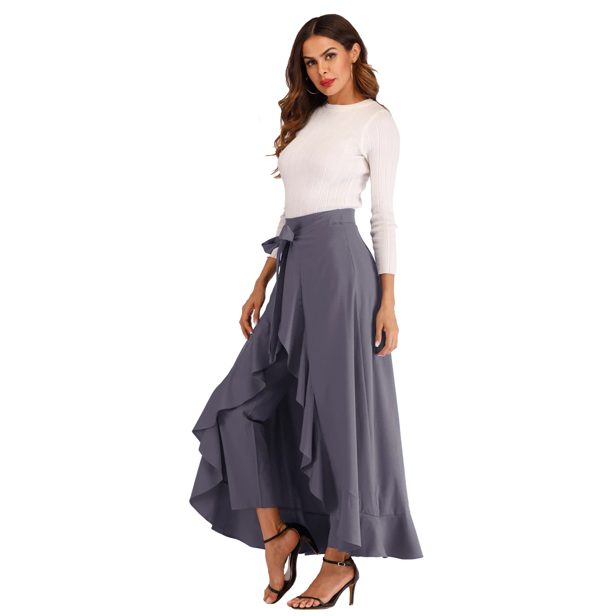 Slanna Elegant Solid Color Women's Split Tie-Waist Wrap Maxi Long Pant casual evening mermaid fish cut ruffle long skirt, Customized color
Slanna Elegant Solid Color Women's Split Tie-Waist Wrap Maxi Long Pant casual evening mermaid fish cut ruffle long skirt, Customized color