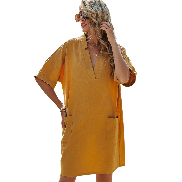 European Solid V Neck Loose Casual Cotton Summer Western Dress With Pocket, Customized color
European Solid V Neck Loose Casual Cotton Summer Western Dress With Pocket, Customized color