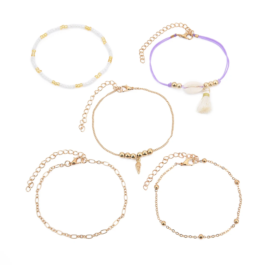 Linsoir Hot Selling New Design 5pcs/set Shell Tassel Conch Pendant Bead Chain Bracelet Set for women, Gold
Linsoir Hot Selling New Design 5pcs/set Shell Tassel Conch Pendant Bead Chain Bracelet Set for women, Gold