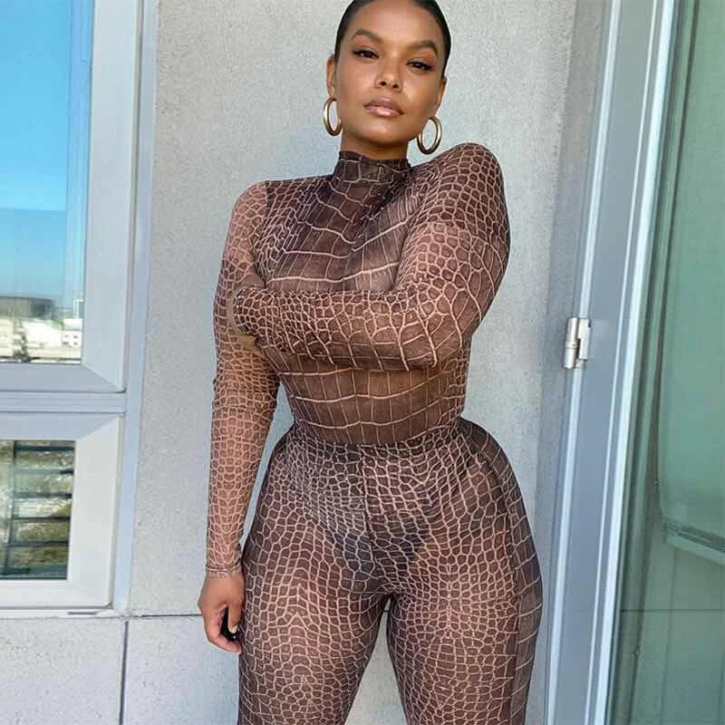 Hot sell new fall leopard print mesh sheer printing bodysuit tops and bottom two piece women set, Brown
Hot sell new fall leopard print mesh sheer printing bodysuit tops and bottom two piece women set, Brown