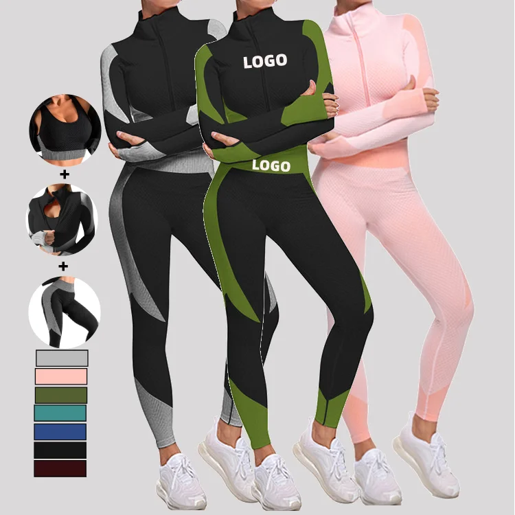 2021 custom high waist seamless autumn long sleeve women 3 piece athletic yoga set gym wear, As shown
2021 custom high waist seamless autumn long sleeve women 3 piece athletic yoga set gym wear, As shown
