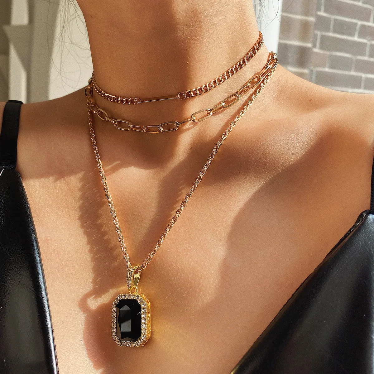 Ding yi Simple multi-layer chain geometric necklace woman retro wild diamond gem set necklace, Gold
Ding yi Simple multi-layer chain geometric necklace woman retro wild diamond gem set necklace, Gold
