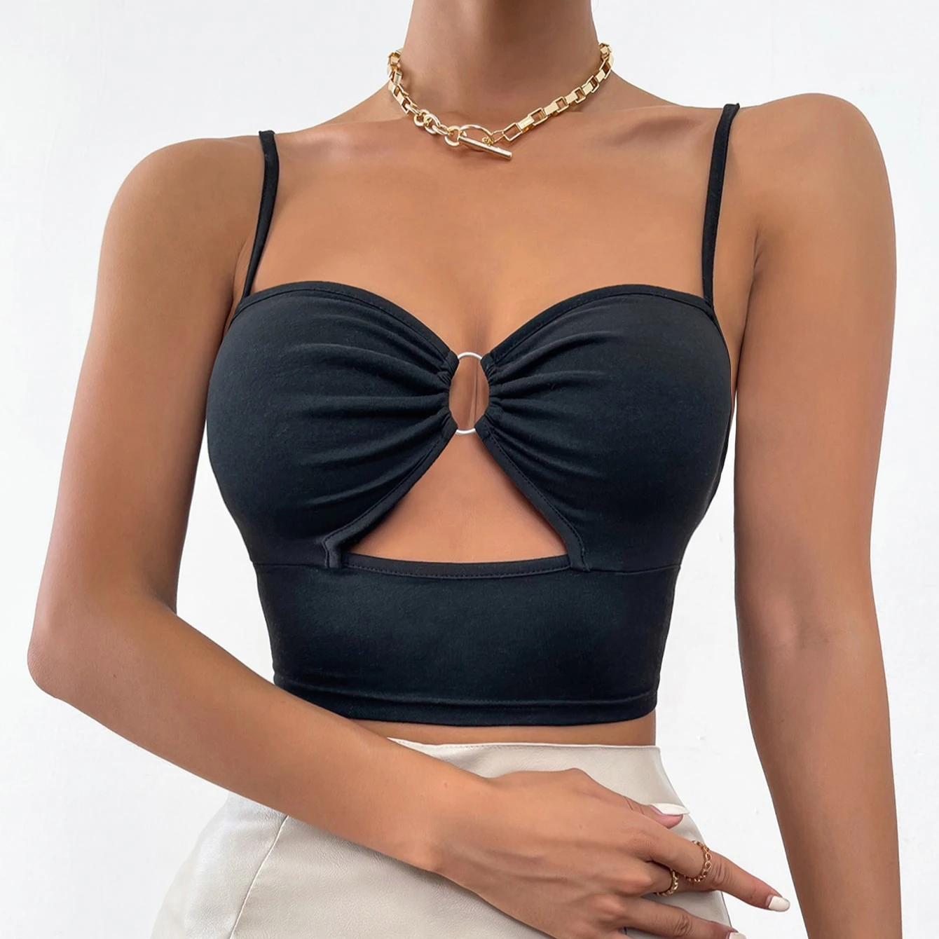 Sexy Metal Ring Hollow Out Solid Slim Backless Women's Black Sleeveless Tube Tank Tops
Sexy Metal Ring Hollow Out Solid Slim Backless Women's Black Sleeveless Tube Tank Tops