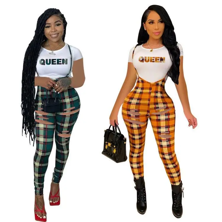 Casual Letter Print Round Neck Short Sleeve Suspender Plaid Pants Summer 2 Piece Set Women Two Piece Pants Set, 2 colors
Casual Letter Print Round Neck Short Sleeve Suspender Plaid Pants Summer 2 Piece Set Women Two Piece Pants Set, 2 colors
