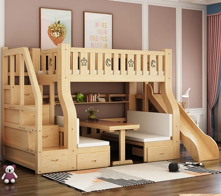 bunk bed with slide and desk