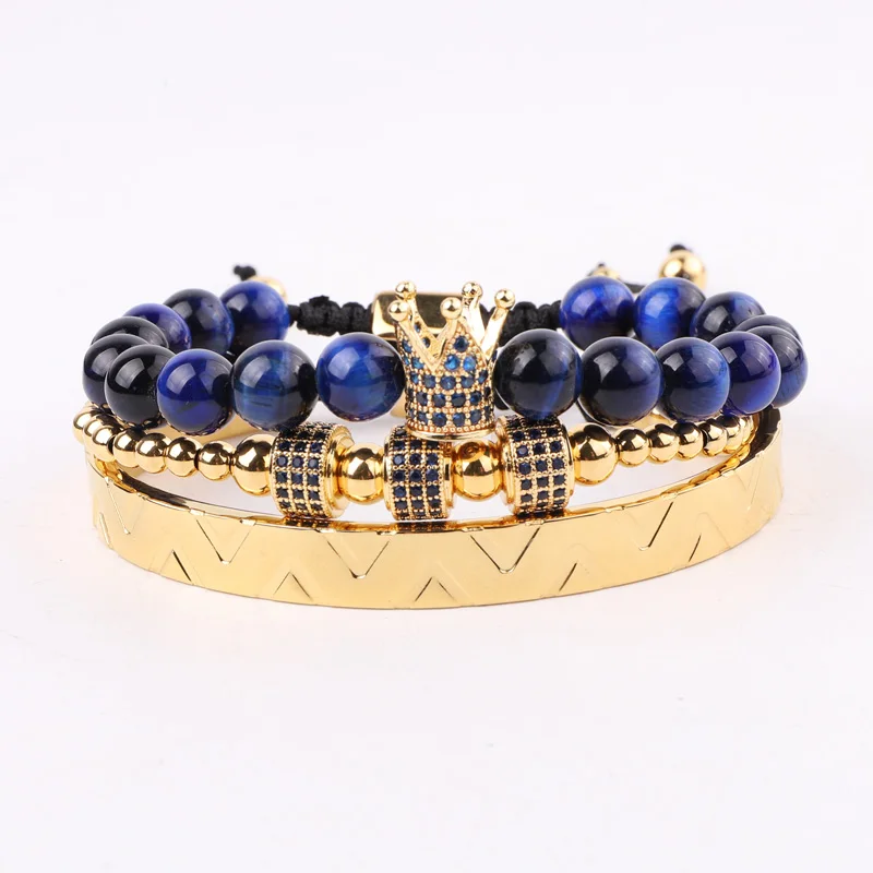 High Quality New design Luxury Natural Stone Blue Tiger Eye CZ Crown Charm Beads Stainless Steel Bangle Bracelet Set Men
High Quality New design Luxury Natural Stone Blue Tiger Eye CZ Crown Charm Beads Stainless Steel Bangle Bracelet Set Men