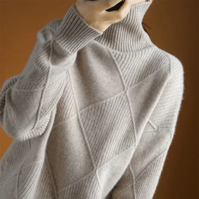 fashion Winter high neck loose pullover diamond knit bottoming shirt turtleneck women 100% wool thick sweater
fashion Winter high neck loose pullover diamond knit bottoming shirt turtleneck women 100% wool thick sweater