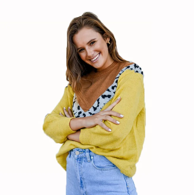 2021 Hot Style Manufacturer Fall Winter crew neck leopard splicing sweater women pullover sweater, As picture 
2021 Hot Style Manufacturer Fall Winter crew neck leopard splicing sweater women pullover sweater, As picture