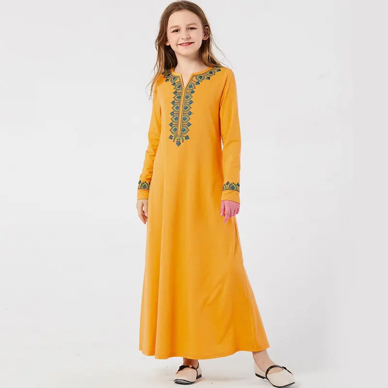 

2020 New Islamic Children Clothing muslim girl yellow children long sleeve embroidered casual dress