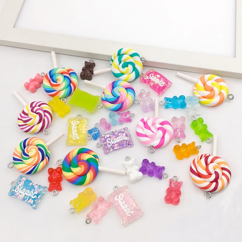 

32 PCS Pack Home DIY Slime Charm Lollipop Bear Resin Pendant Sweet Candy Charms for Jewelry Making