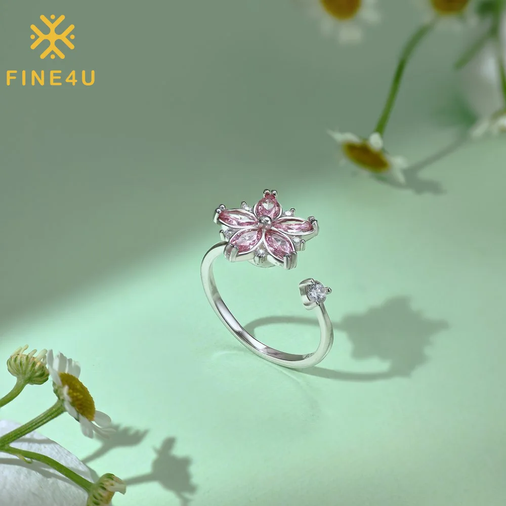 

Decompression Jewelry Cherry Blossom Pink Zirconia Flower Fidget Spinner 925 Sterling Silver Anxiety Ring