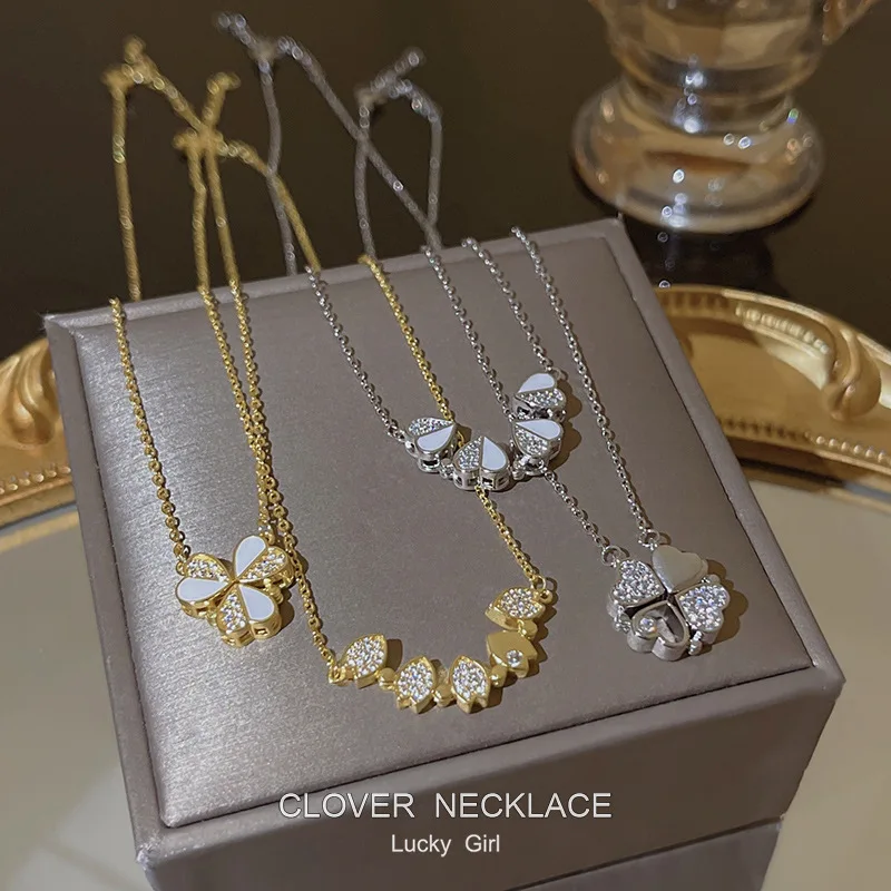 2023 Collection Stainless Steel Inlaid Zircon Collapsibl Necklace Magnetic Heart Shaped Four Leaf Clover Pendant Necklace
2023 Collection Stainless Steel Inlaid Zircon Collapsibl Necklace Magnetic Heart Shaped Four Leaf Clover Pendant Necklace