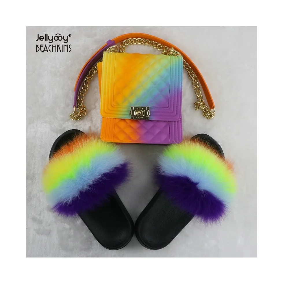 BPF Hot Selling Matte Rainbow Jelly Bag With Fox Fur Slides Sets Purse Bag Match Colorful Fur Slippers Sandals
BPF Hot Selling Matte Rainbow Jelly Bag With Fox Fur Slides Sets Purse Bag Match Colorful Fur Slippers Sandals