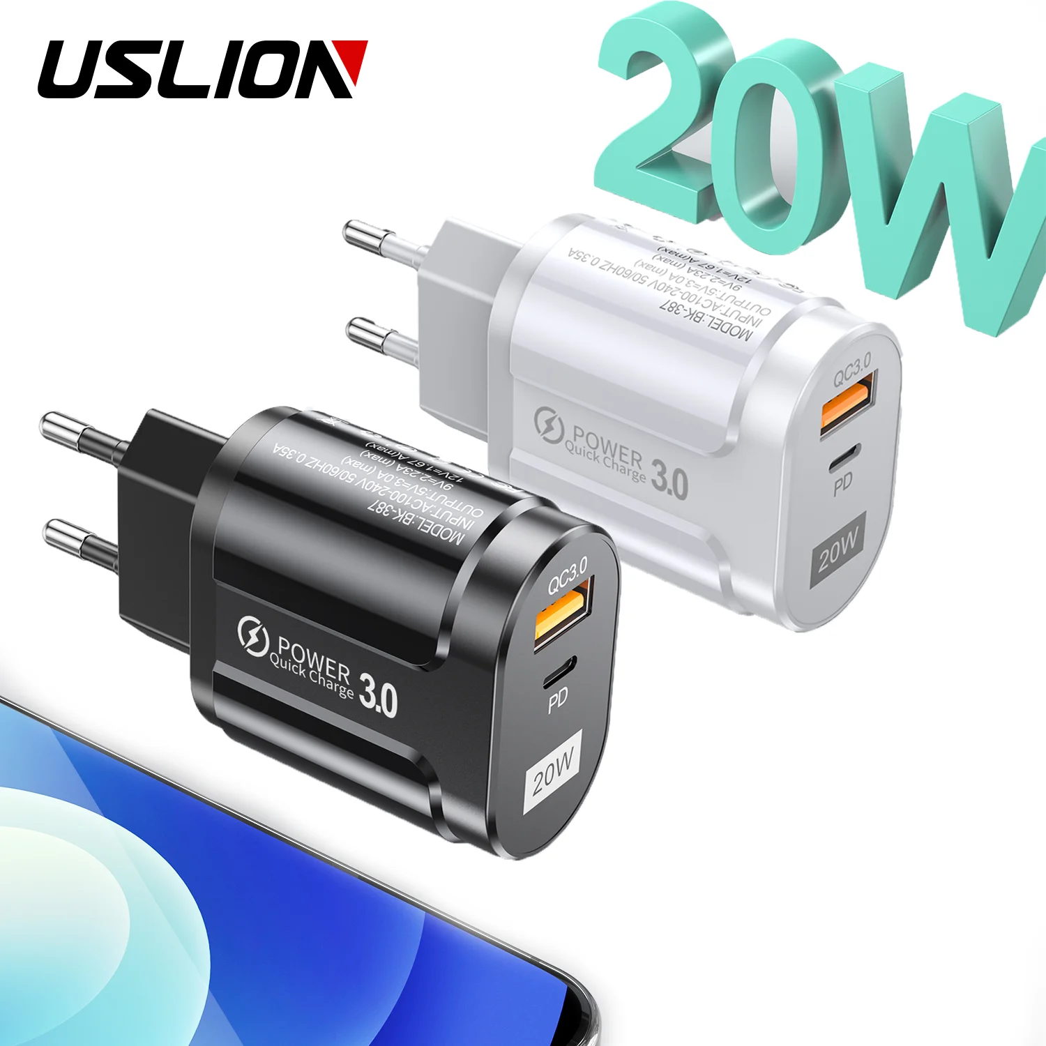 USLION OEM 2022 Newest 20W PD USB Charger QC3.0 Dual Port Power Adapter Travel Wall Charger Mobile Phone Accessories For iphone, Black white
USLION OEM 2022 Newest 20W PD USB Charger QC3.0 Dual Port Power Adapter Travel Wall Charger Mobile Phone Accessories For iphone, Black white