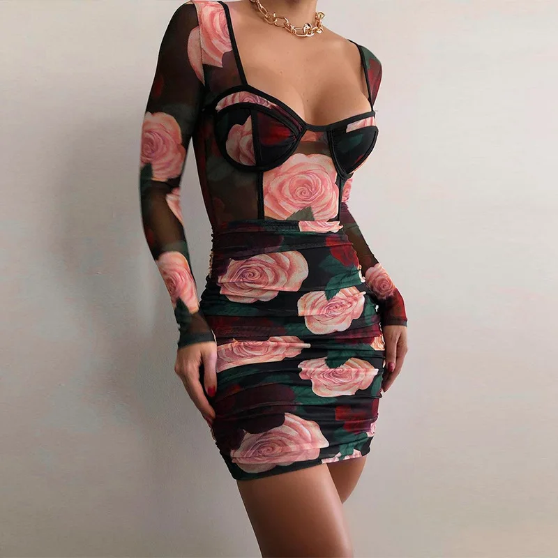 Sexy Square Collar Long Sleeve Pleated Bodycon Mini Vestidos Rose Printed Mesh See Through Dress
Sexy Square Collar Long Sleeve Pleated Bodycon Mini Vestidos Rose Printed Mesh See Through Dress