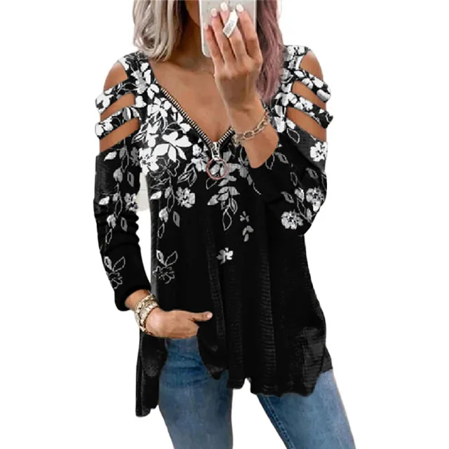 2021 Womens Over Shoulder Shirt Zipper V Neck Loose Floral Long Sleeve T-shirt For Women, Picture color
2021 Womens Over Shoulder Shirt Zipper V Neck Loose Floral Long Sleeve T-shirt For Women, Picture color