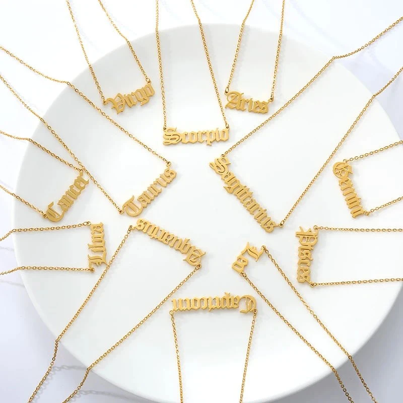 Old English Letter Zodiac Sign Necklaces Women Men Gold Stainless Steel Chain 12 Constellations Pendant Necklace Jewelry
Old English Letter Zodiac Sign Necklaces Women Men Gold Stainless Steel Chain 12 Constellations Pendant Necklace Jewelry