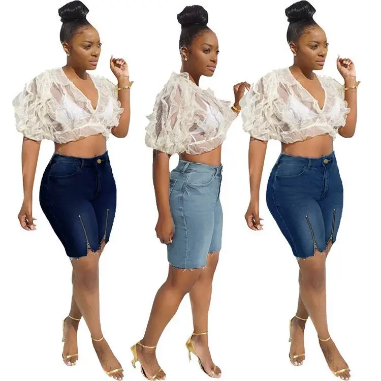 PEARL Best Design High Waist Washed Zipper Decorate Summer Short Pants Knee Women Denim Jeans
PEARL Best Design High Waist Washed Zipper Decorate Summer Short Pants Knee Women Denim Jeans