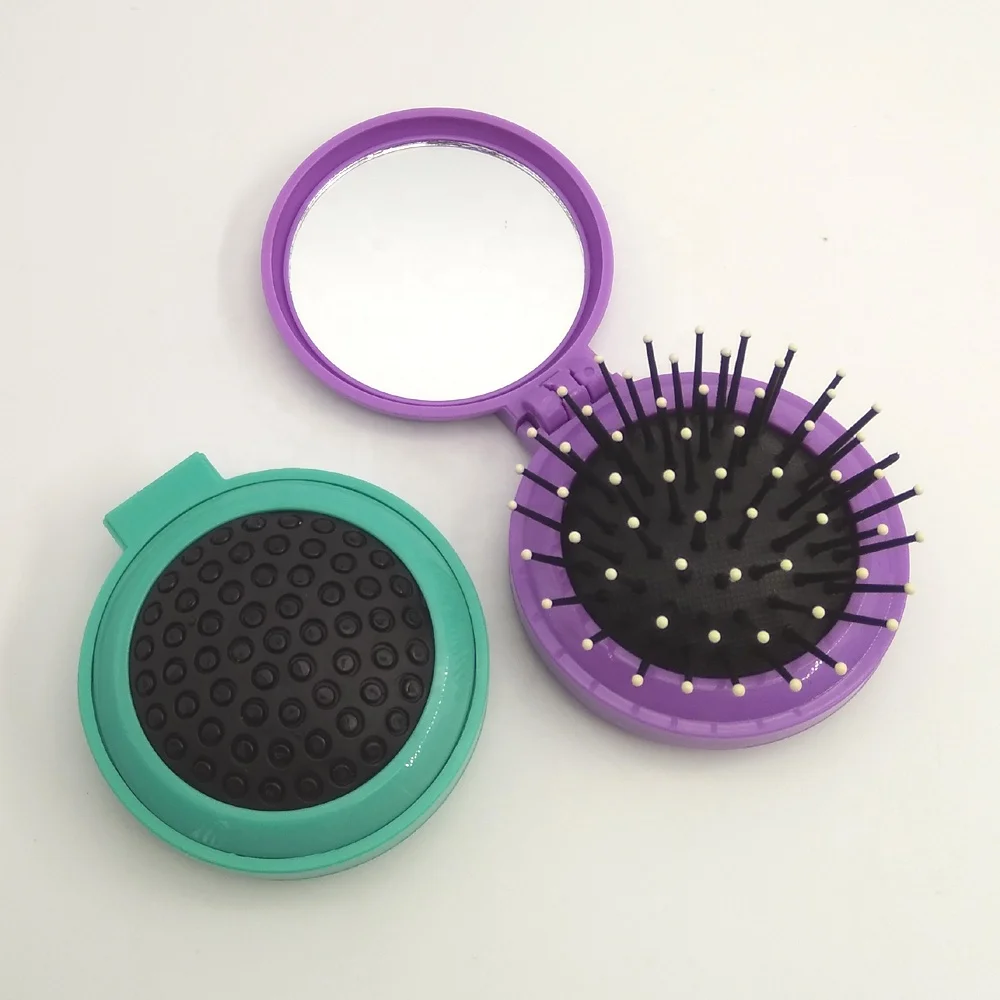 plastic round pocket folding hair comb with mirror
