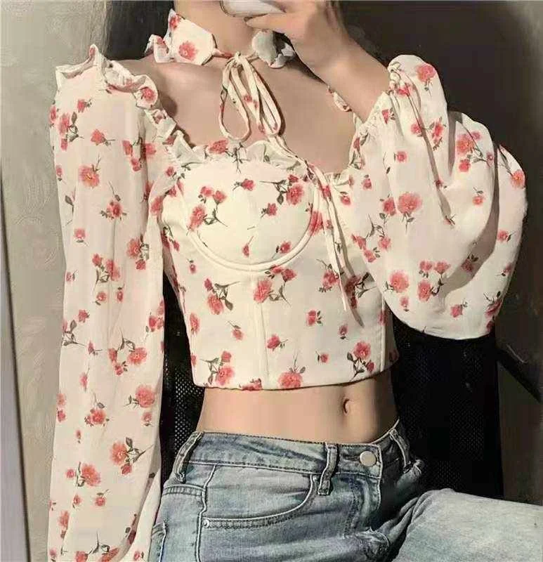 New Sexy Women Tops Gothic Floral Print Elegant Chiffon Halter Neck Blouse Shirts Long Sleeve Lady Crop Tops Clothing
New Sexy Women Tops Gothic Floral Print Elegant Chiffon Halter Neck Blouse Shirts Long Sleeve Lady Crop Tops Clothing