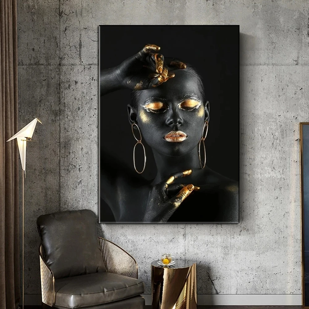 Frameless Black Nude African Woman With Gold Fingers And Lips Canvas