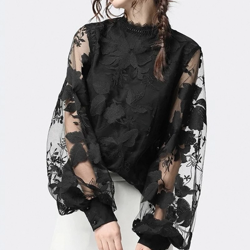 Summer Woman Mesh Patchwork Long Sleeve Blouse Black Lace Bubble Sleeve Tops Elegant Chiffon O-neck Shirts Female Casual Blusas
Summer Woman Mesh Patchwork Long Sleeve Blouse Black Lace Bubble Sleeve Tops Elegant Chiffon O-neck Shirts Female Casual Blusas