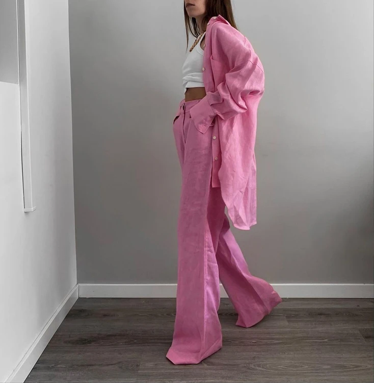 2022 Spring New Arrivals Pink Long Designer Shirt High Waist Pants Casual Office Cotton Linen Two Piece Pants Set Women
2022 Spring New Arrivals Pink Long Designer Shirt High Waist Pants Casual Office Cotton Linen Two Piece Pants Set Women