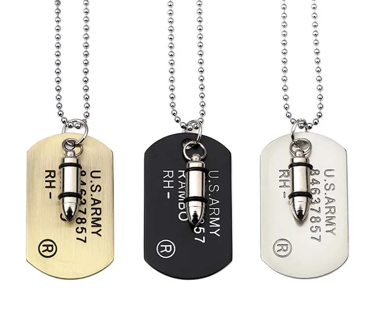 Hip hop Jewelry Alloy Bullet Army Card Pendant Necklace with Stainless Steel Beads Chain, Bronze,black,silver
Hip hop Jewelry Alloy Bullet Army Card Pendant Necklace with Stainless Steel Beads Chain, Bronze,black,silver