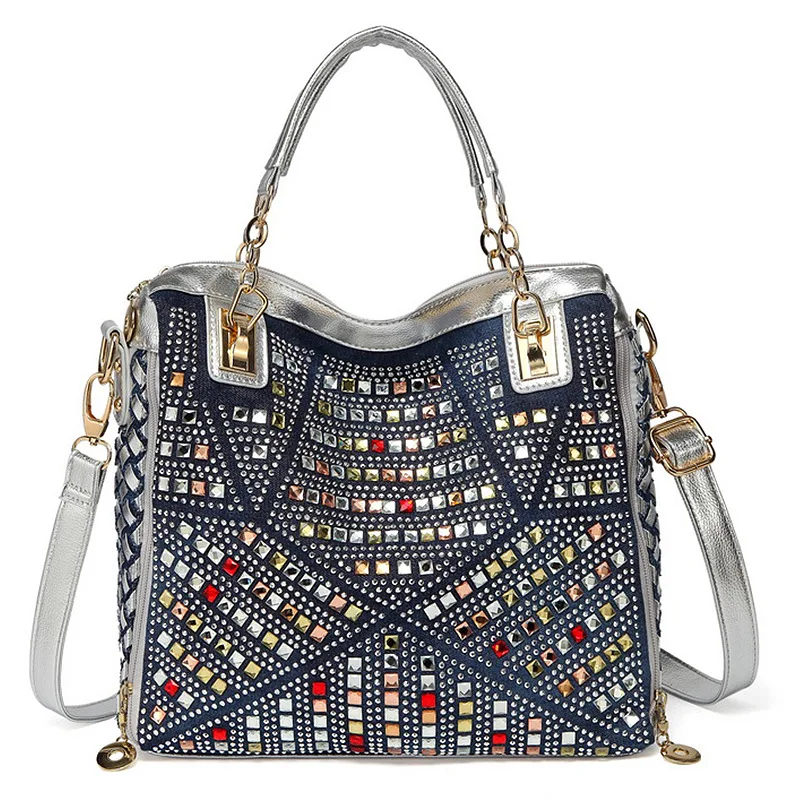 Large women's handbag denim leisure trend colorful diamond Female Jeans Hand Bags Western bag style with stone washed Jeans
Large women's handbag denim leisure trend colorful diamond Female Jeans Hand Bags Western bag style with stone washed Jeans