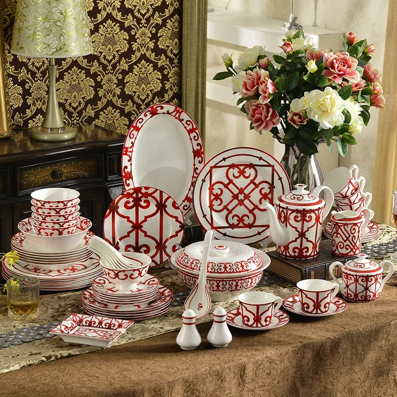 Hot 58 Pcs Western Luxury Dark-red Color Paper-cut Art Home Decors Dinnerware Sets For 6 People
Hot 58 Pcs Western Luxury Dark-red Color Paper-cut Art Home Decors Dinnerware Sets For 6 People