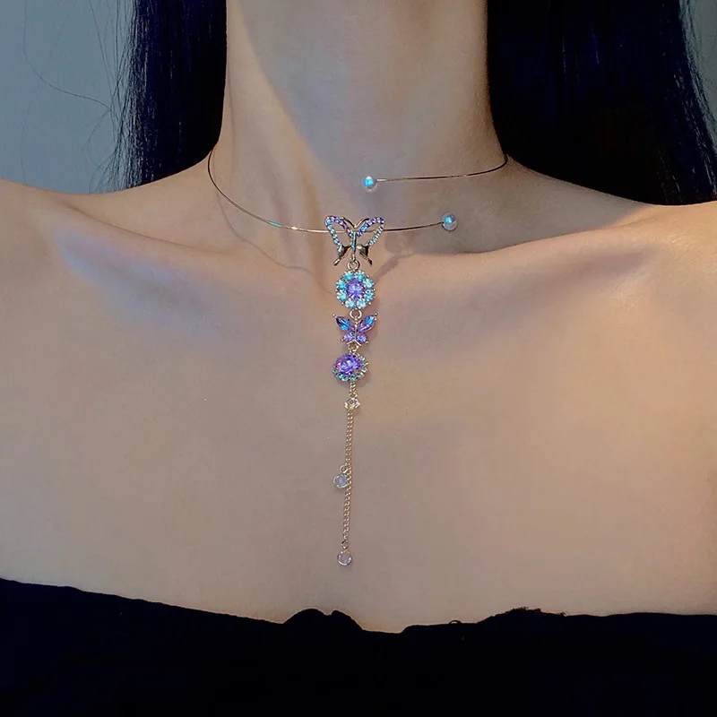 Trendy Long Tassel Purple Crystal Butterfly Pendants Choker Necklace Clavicle Chain Female Collar Party Jewelry, Purple butterfly
Trendy Long Tassel Purple Crystal Butterfly Pendants Choker Necklace Clavicle Chain Female Collar Party Jewelry, Purple butterfly