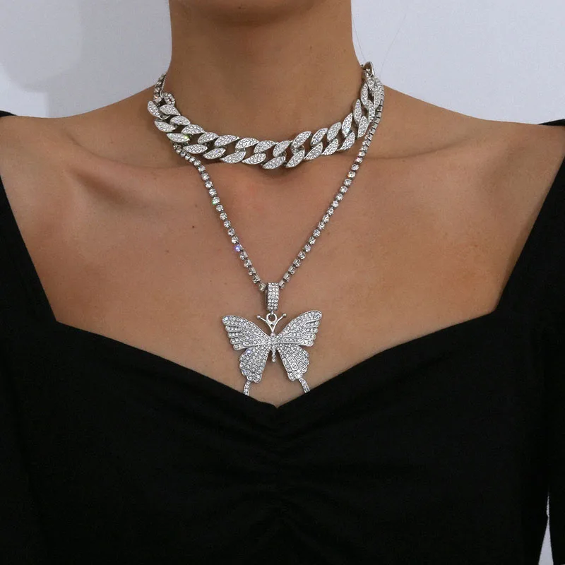 Women Hip Hop Chain Iced Out with Bling Rhinestones Butterfly Cuban Link Necklace Set, As photo
Women Hip Hop Chain Iced Out with Bling Rhinestones Butterfly Cuban Link Necklace Set, As photo