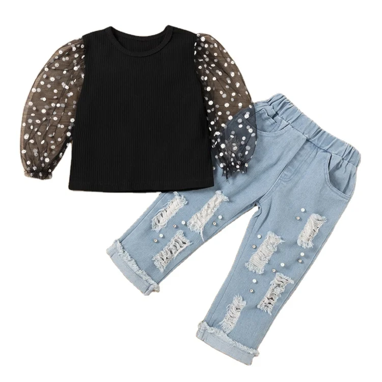 Wholesale spring autumn children girls clothes hole pearl jeans sets toddler baby girls clothing sets, As pictures
Wholesale spring autumn children girls clothes hole pearl jeans sets toddler baby girls clothing sets, As pictures