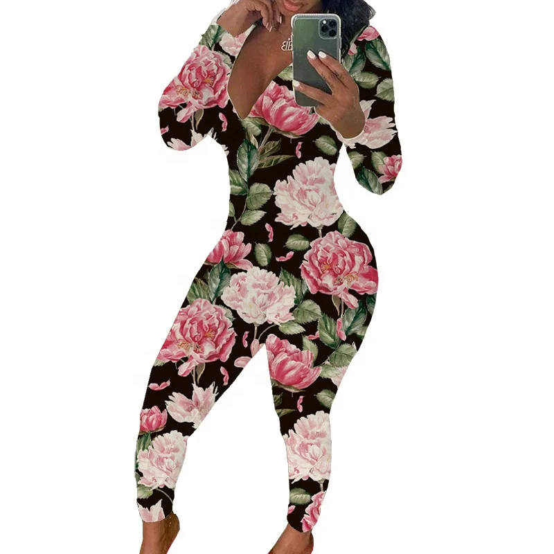 Fall 2020 Women Clothes Onesie Adult Pajamas Long Sleeve Bodysuit With Butt Pocket, Customized color